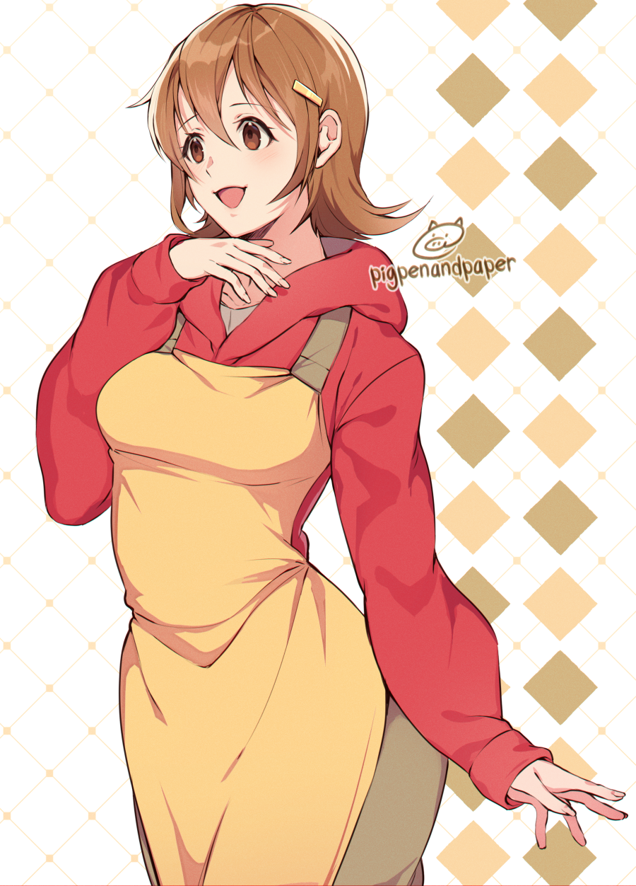 1girl, 5-volt, :d, apron, argyle, argyle_background, artist_name, bangs