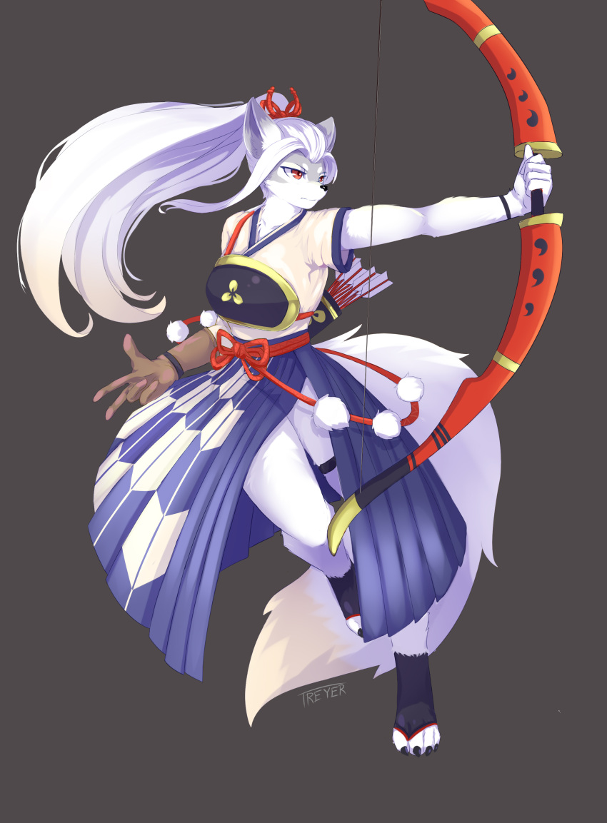 1girl, absurdres, animal_ears, animal_feet, animal_nose, archery, arm_up, arrow_(projectile), artist_name, bai_lang, black_legwear, blue_hakama, blue_skirt, body_fur, bow_(weapon), breasts, brown_gloves, chinese_commentary, claws, closed_mouth, collarbone, commentary_request, fox_ears, fox_girl, fox_tail, full_body, furry, furry_female, gloves, gradient_hair, grey_background, grey_fur, hair_intakes, hakama, hakama_skirt, high_ponytail, highres, holding, holding_bow_(weapon), holding_weapon, japanese_clothes, kimono, leg_up, long_hair, multicolored_hair, muneate, onmyoji, orange_hair, orange_kimono, outstretched_arm, pleated_skirt, pom_pom_(clothes), quiver, red_eyes, short_sleeves, sidelocks, signature, simple_background, single_glove, skirt, small_breasts, snout, socks, solo, standing, standing_on_one_leg, tail, thigh_strap, tied_hair, toeless_legwear, treyer, two-tone_fur, two-tone_hair, weapon, white_fur, white_hair