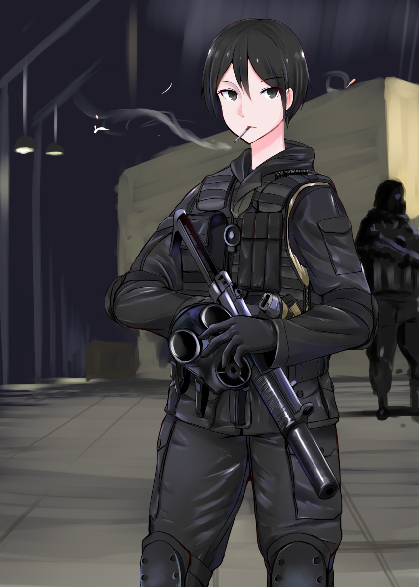 1girl, 1other, bangs, black_eyes, black_gloves, black_hair, black_jacket, black_pants