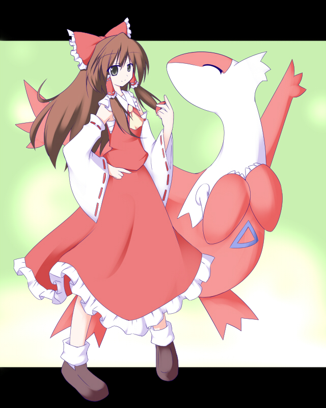 1girl, brown_hair, hakurei_reimu, latias, miyo_(miyomiyo01), poke_ball, pokemon, pokemon_(creature)
