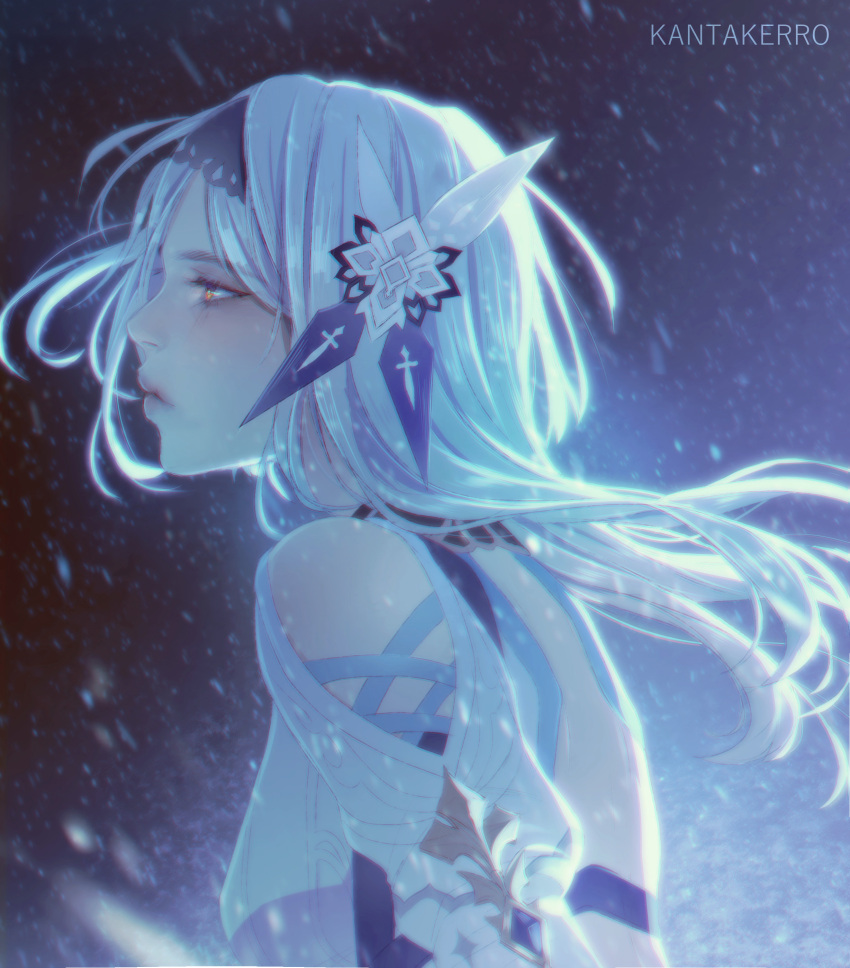 1girl, absurdres, backlighting, bare_shoulders, black_background, black_hairband, blue_background, blue_theme