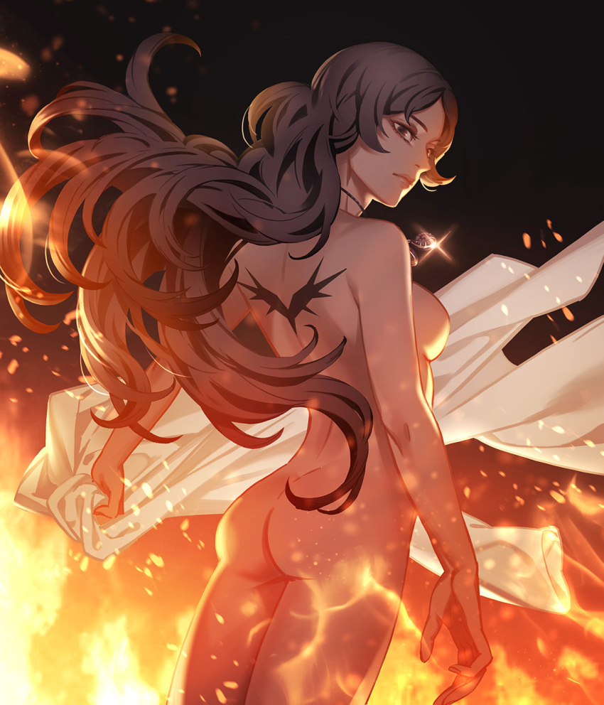 1girl, akakokko_(niro_azarashi), arm_at_side, ass, back_tattoo, birdmen, black_background, black_eyes