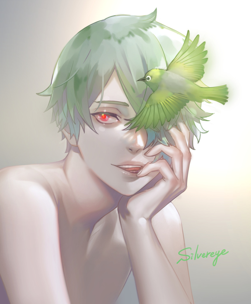 1boy, akakokko_(niro_azarashi), alternate_hair_color, animal, bird, birdmen, brown_background, character_name