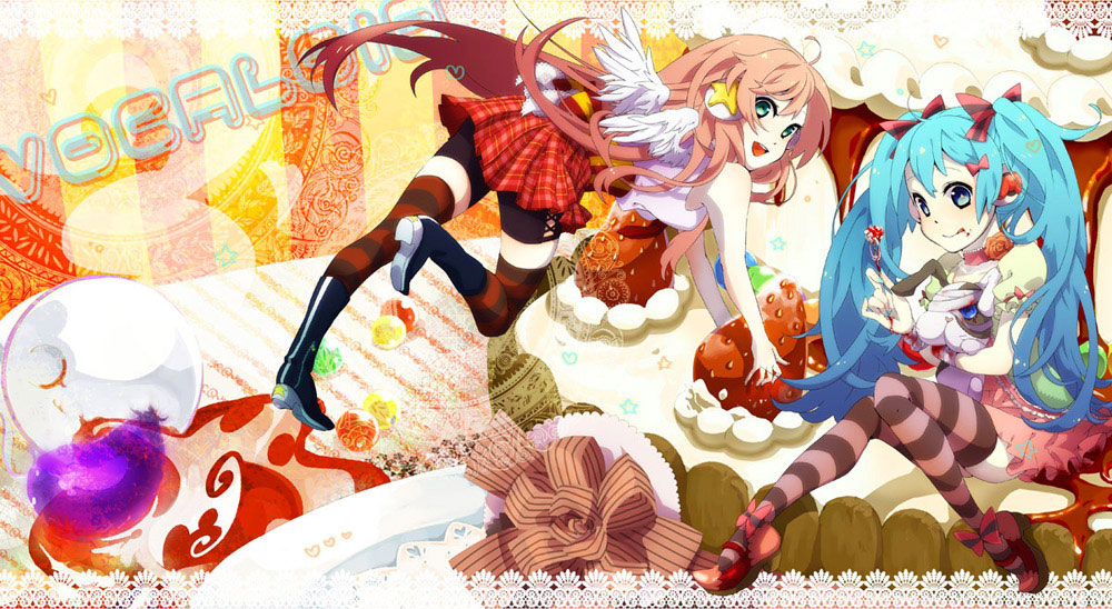 :q, angel_wings, aqua_eyes, aqua_hair, bad_id, blue_eyes, bow, cake