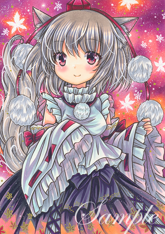 1girl, animal_ear_fluff, animal_ears, black_bow, black_skirt, blush, bow, breasts, closed_mouth, detached_sleeves, eyebrows_visible_through_hair, frilled_sleeves, frills, hat, inubashiri_momiji, leaf, leaf_background, leaf_print, looking_at_viewer, marker_(medium), medium_breasts, medium_hair, pink_background, pom_pom_(clothes), print_skirt, purple_background, red_eyes, red_headwear, ribbon-trimmed_sleeves, ribbon_trim, rui_(sugar3), sample, shirt, silver_hair, silver_tail, skirt, sleeveless, sleeveless_shirt, sleeves_past_fingers, sleeves_past_wrists, smile, solo, tail, tokin_hat, touhou, traditional_media, wide_sleeves, wolf_ears, wolf_tail