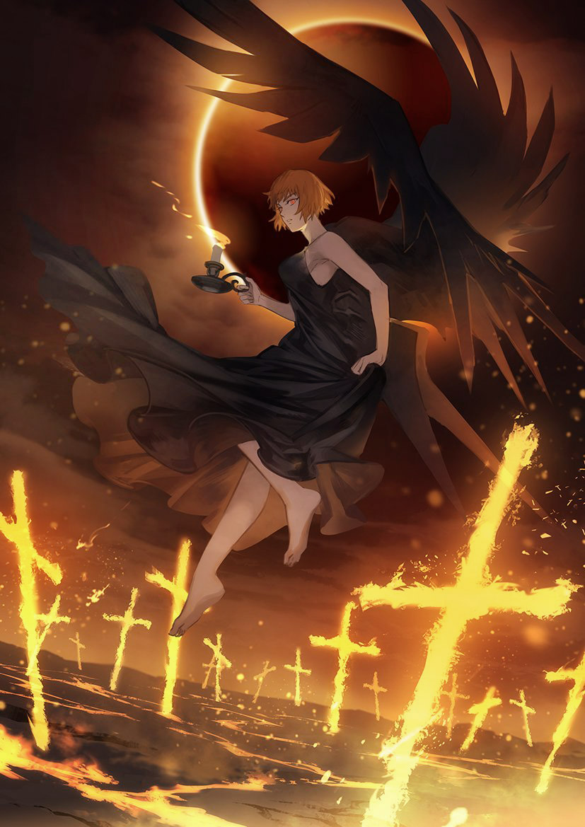 1girl, akakokko_(niro_azarashi), bangs, bare_arms, barefoot, birdmen, black_dress, black_wings