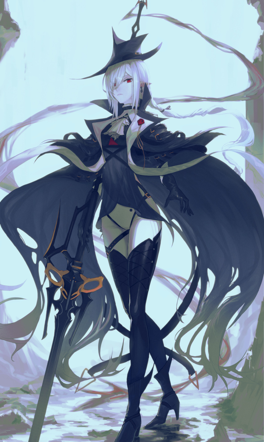 1girl, absurdres, arknights, ascot, bangs, black_cape, black_dress, black_footwear, black_gloves, black_headwear, boots, cape, coat, commentary_request, dress, earrings, gladiia_(arknights), gloves, high_heels, highres, holding, holding_polearm, holding_weapon, izumo_(ton_63), jewelry, looking_at_viewer, medium_hair, pants, partial_commentary, polearm, red_eyes, silver_hair, solo, spear, standing, thigh-highs, tight, tight_pants, weapon, white_ascot, white_pants