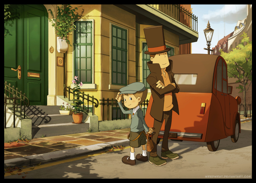 black_eyes, brown_hair, building, car, carolyn_gan, citroen_2cv, city, crossed_arms, hat, hershel_layton, luke_triton, motor_vehicle, multiple_boys, professor_layton, short_hair, smile, standing, top_hat, vehicle