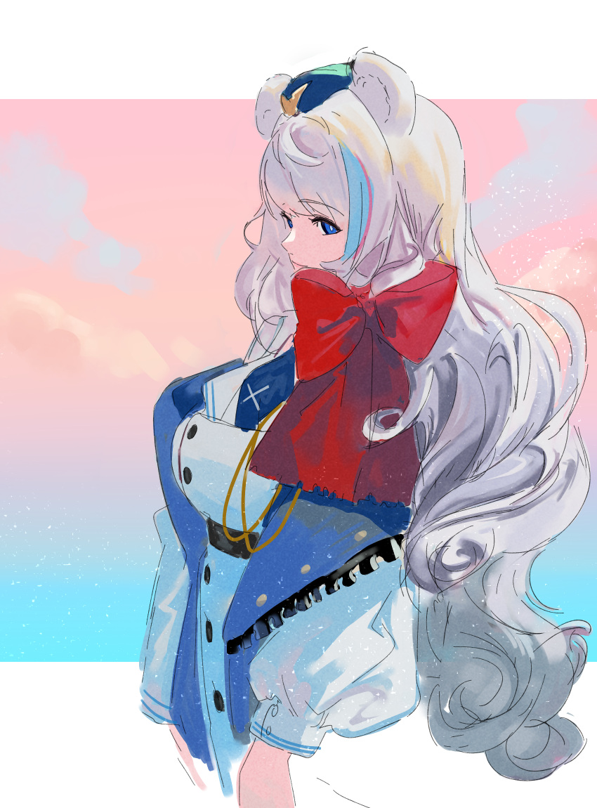 1girl, alternate_eye_color, animal_ears, arknights, bear_ears, blue_background, blue_eyes, blue_hair