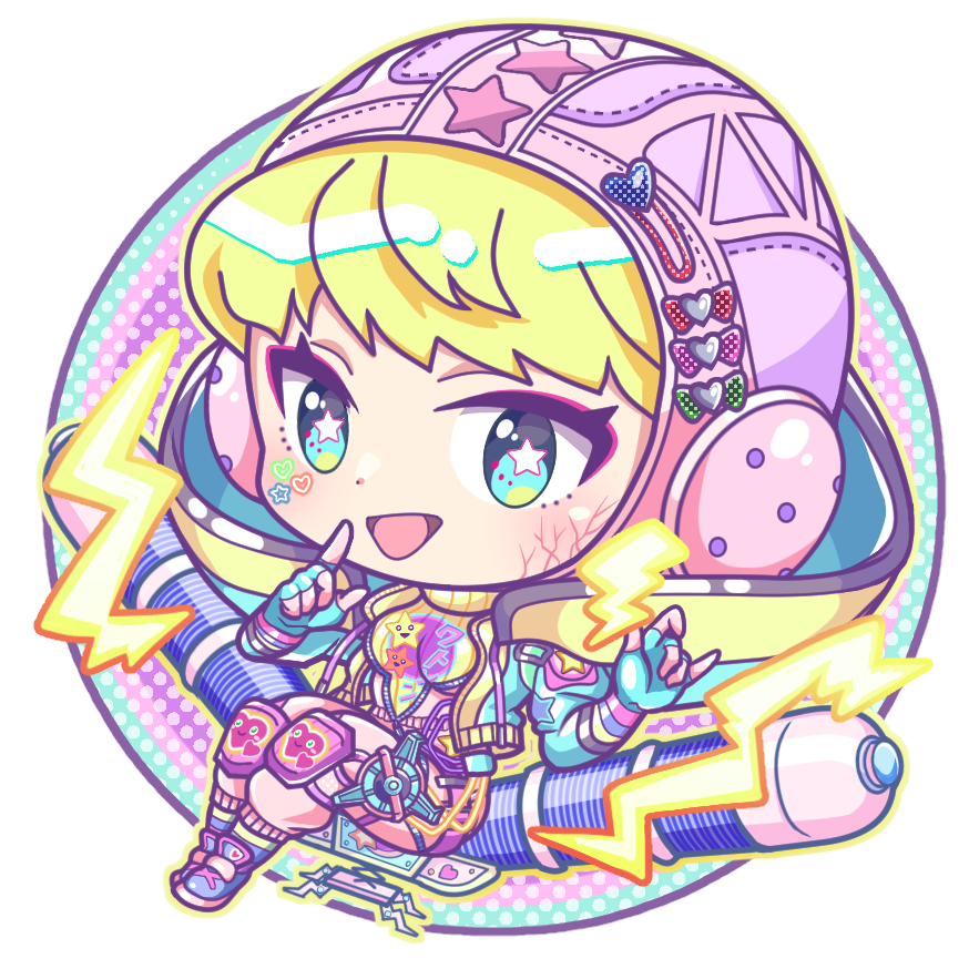 1girl, animification, apex_legends, blue_eyes, blue_gloves, blue_jacket, blush, bodysuit, chibi, gloves, hood, hooded_jacket, ichizen_keiki, jacket, kawaii_voltage_wattson, knee_pads, lichtenberg_figure, pink_bodysuit, pink_headwear, pointing, pointing_up, ribbed_sweater, scar, scar_on_cheek, scar_on_face, sitting, smile, solo, star_(symbol), star_in_eye, sweater, symbol_in_eye, turtleneck, turtleneck_sweater, wattson_(apex_legends), yellow_sweater