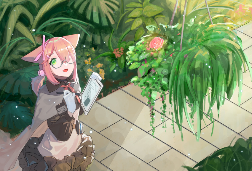 1girl, animal_ears, arknights, black_skirt, breasts, cat_ears, clipboard, commentary