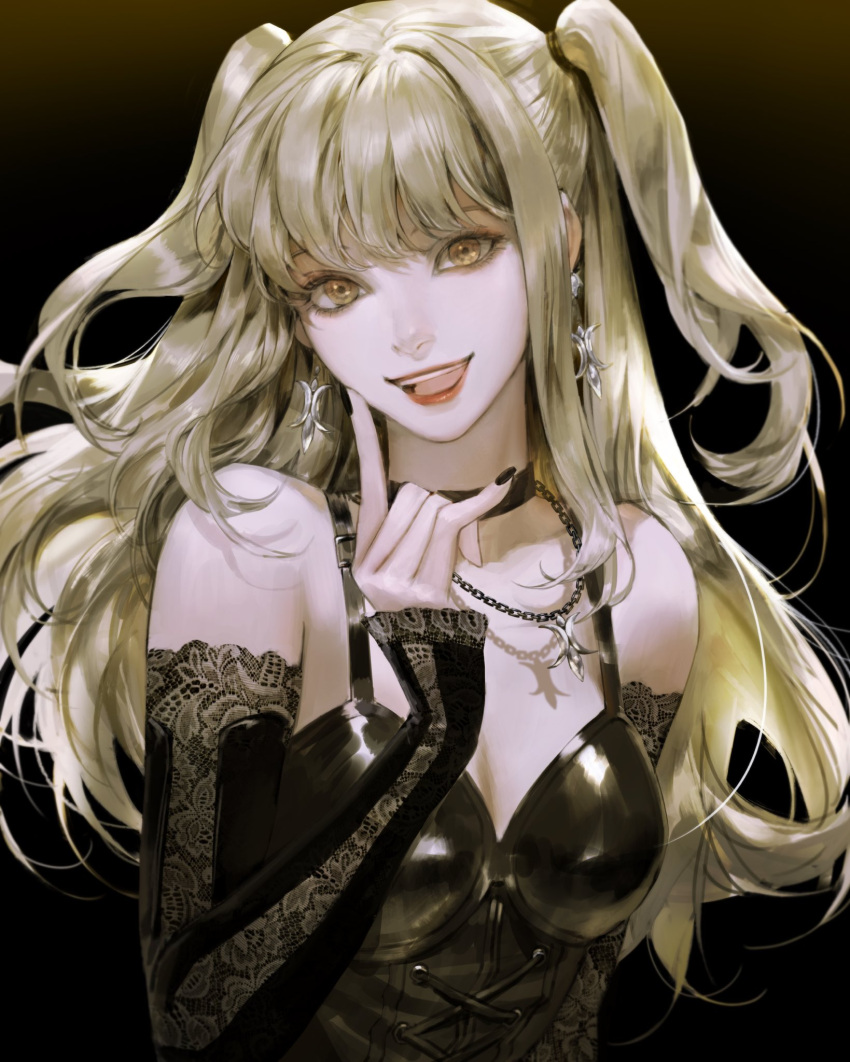 1girl, :d, \n/, amane_misa, bangs, bare_shoulders, black_background, black_choker