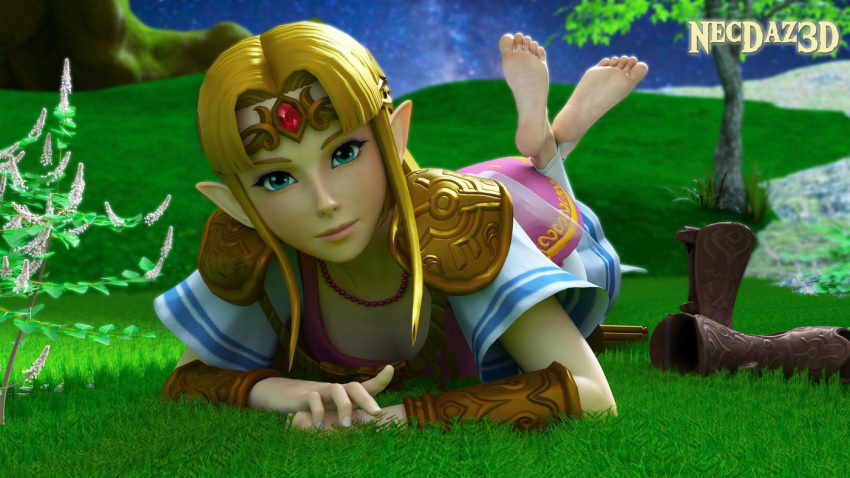 barefoot, foot_focus, lying_down, lying_on_stomach, princess_zelda, the_legend_of_zelda
