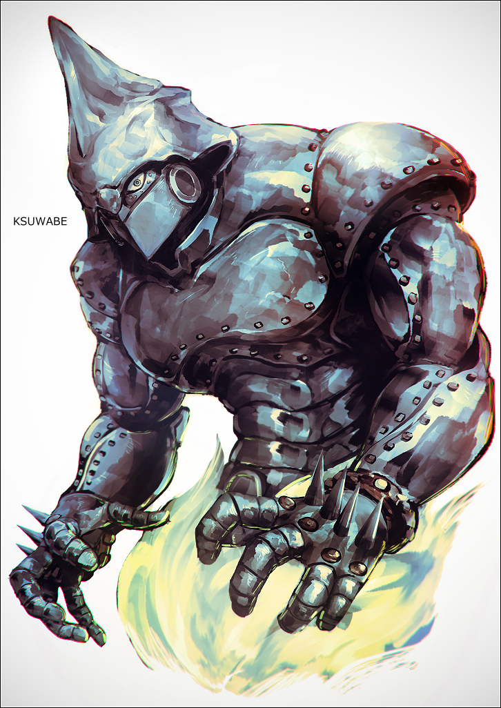 1other, armor, artist_name, boy_ii_man_(stand), diamond_wa_kudakenai, jojo_no_kimyou_na_bouken, k-suwabe, medieval, no_humans, rivets, solo, spikes, stand_(jojo), white_background