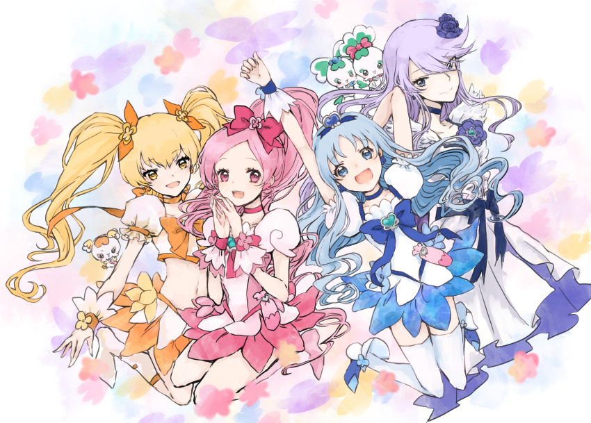 4girls, :d, abstract_background, bangs, black_choker, blonde_hair, blue_bow, blue_choker