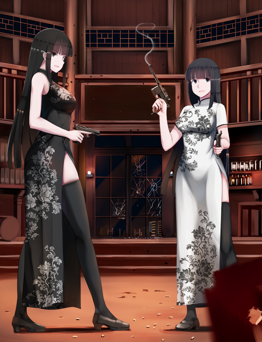 2girls, absurdres, aiming_at_viewer, bangs, black_dress, black_hair, black_legwear, blunt_bangs