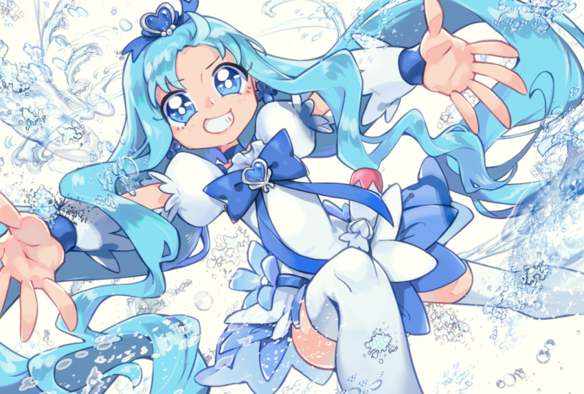 1girl, blue_bow, blue_choker, blue_eyes, blue_hair, blue_skirt, blue_theme, bow, brooch, choker, cure_marine, earrings, flower_earrings, grin, hair_ornament, heart, heart_hair_ornament, heartcatch_precure!, jewelry, kurumi_erika, long_hair, looking_at_viewer, magical_girl, outstretched_arms, pouch, precure, puffy_sleeves, simple_background, skirt, smile, solo, spread_arms, thigh-highs, tkai40, water, white_background, white_legwear, wrist_cuffs