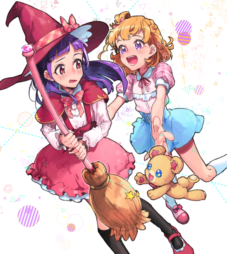 2girls, :d, :o, abstract_background, asahina_mirai, black_legwear, blonde_hair, blouse