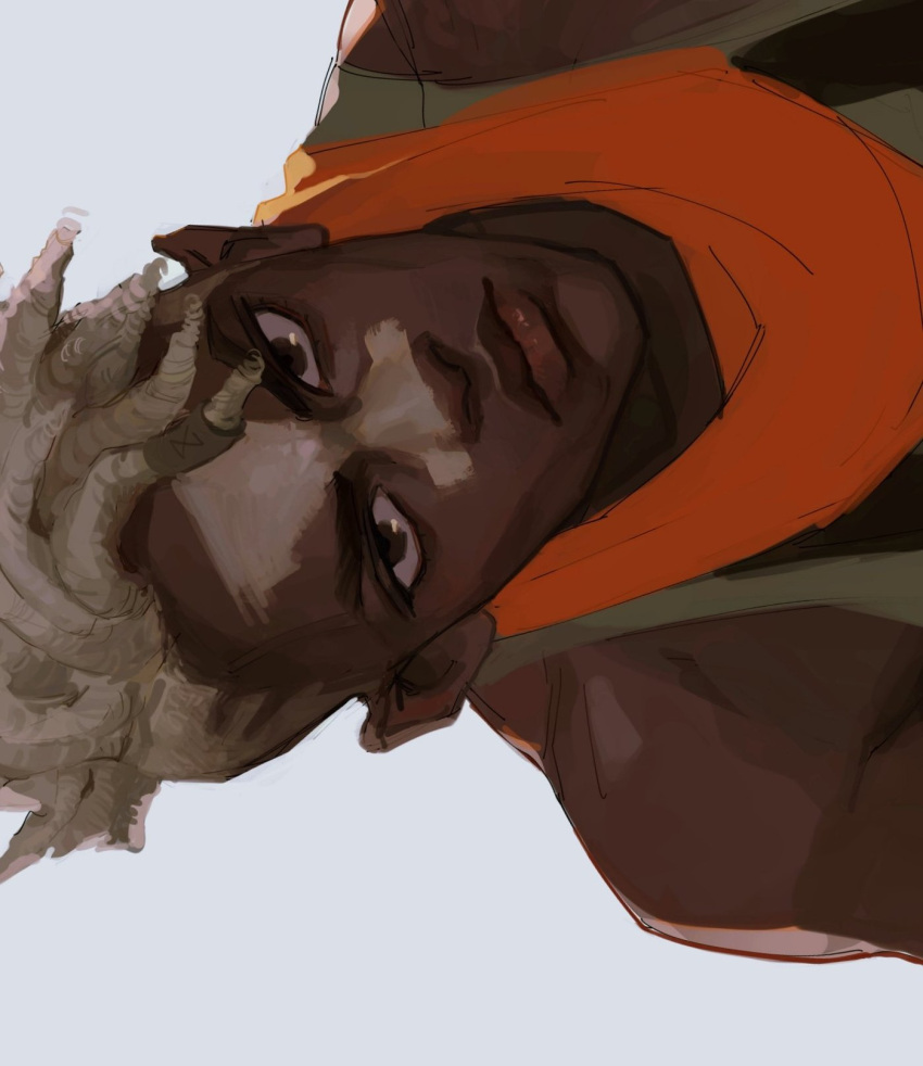 1boy, 6_teh, bare_shoulders, brown_eyes, closed_mouth, dark-skinned_male, dark_skin, ekko_(league_of_legends), facepaint, frown, grey_background, grey_hair, highres, league_of_legends, looking_at_viewer, orange_scarf, scarf, simple_background, sketch, solo