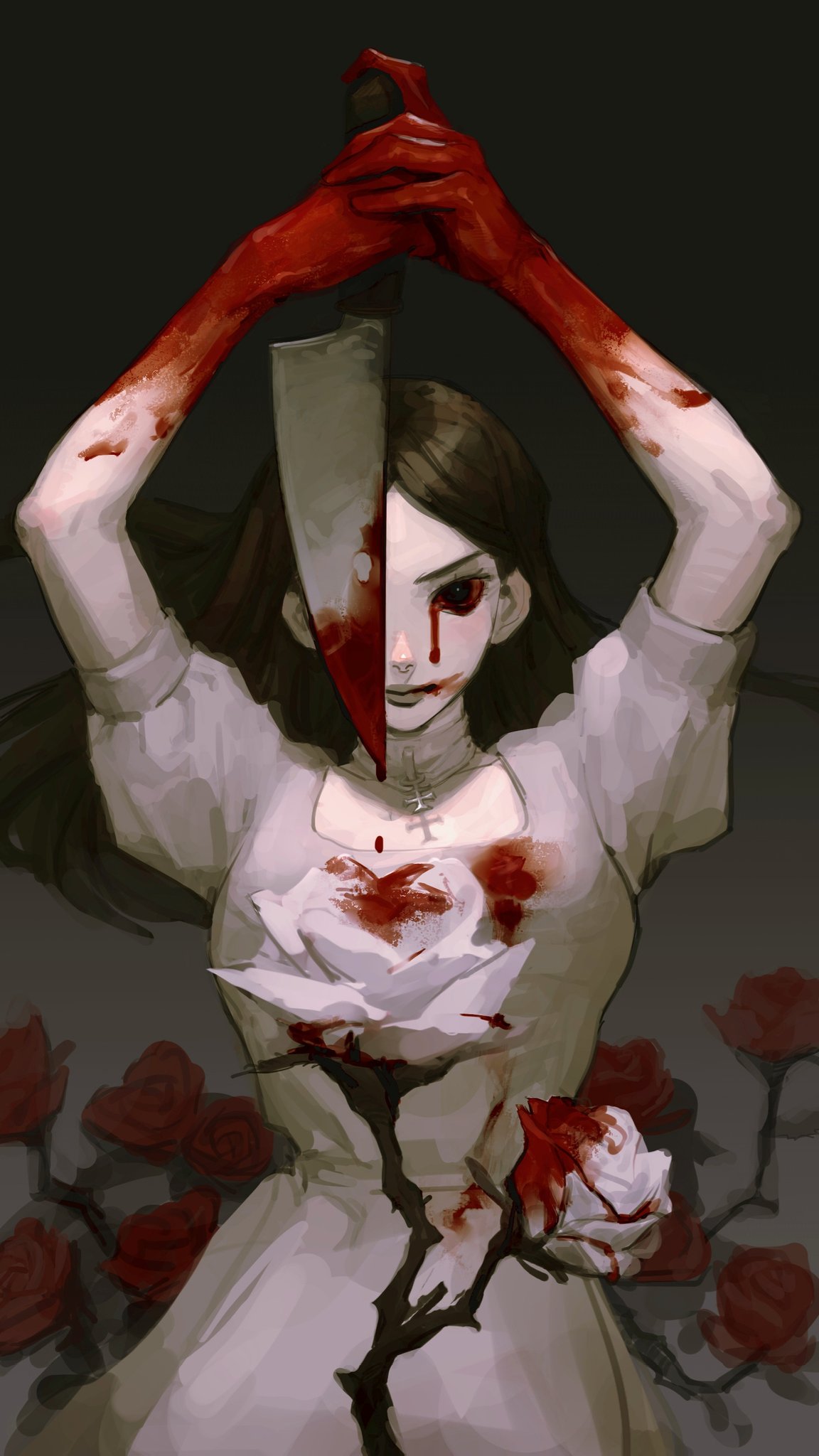 1girl, 6_teh, alice_in_wonderland, american_mcgee's_alice, arms_up, black_eyes, blood, blood_from_eyes, blood_on_clothes, blood_on_hands, blood_on_knife, blood_on_weapon, bloodshot_eyes, brown_hair, check_copyright, closed_mouth, colored_sclera, copyright_request, crying, crying_with_eyes_open, dress, dripping, flower, gradient, gradient_background, grey_lips, highres, holding, holding_knife, holding_weapon, knife, long_hair, pale_skin, puffy_sleeves, red_flower, red_rose, red_sclera, rose, smeared_blood, smile, solo, tears, thorns, weapon, white_dress, white_flower, white_rose