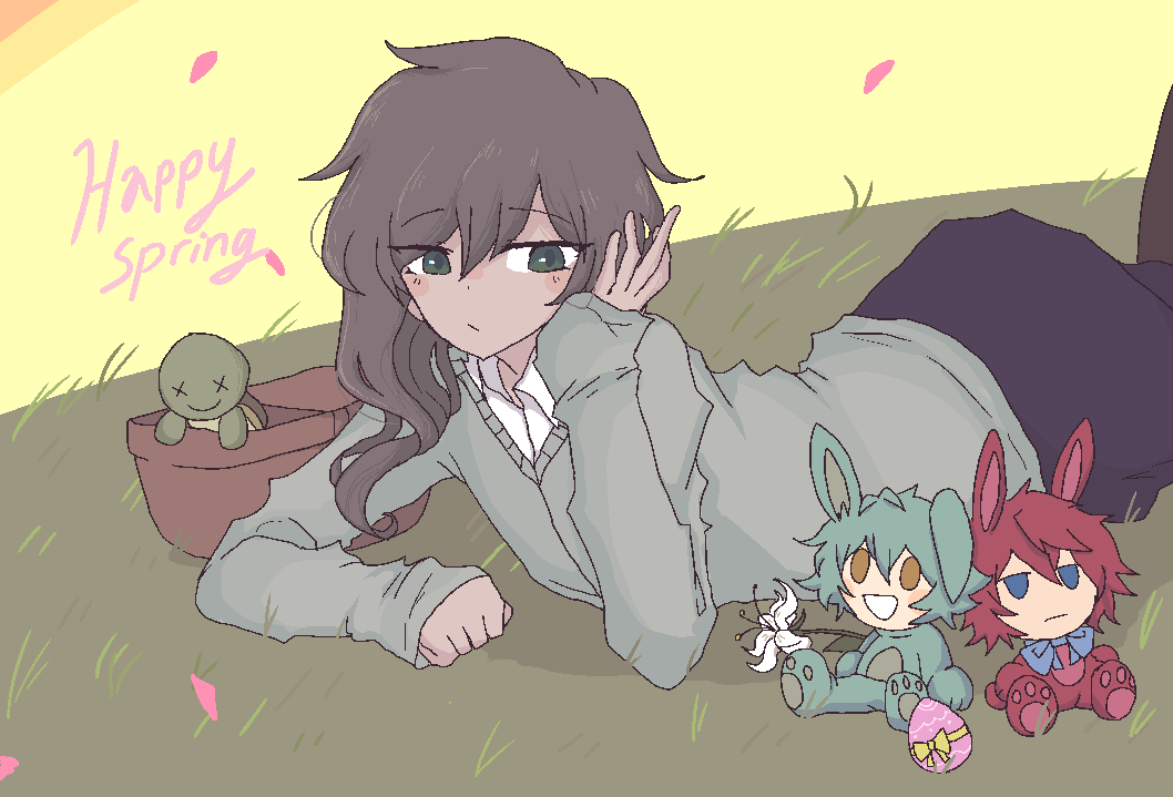 1boy, 2girls, arm_support, black_eyes, black_hair, blue_eyes, brown_eyes, character_doll