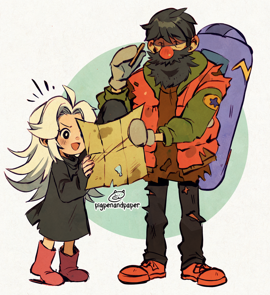 1boy, 1girl, beard, black_dress, black_hair, black_pants, boots, brown_footwear