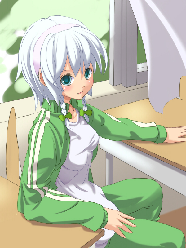 alternate_costume, blue_eyes, braid, contemporary, izayoi_sakuya, okaki, short_hair, silver_hair