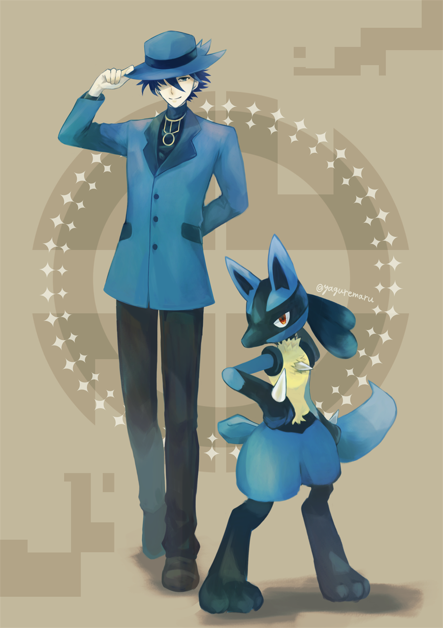 1boy, adjusting_clothes, adjusting_headwear, arm_behind_back, artist_name, black_pants, blue_hair, blue_headwear, blue_jacket, brown_background, full_body, highres, jacket, long_sleeves, looking_at_viewer, lucario, male_focus, pants, pokemon, pokemon_(creature), red_eyes, riley_(pokemon), simple_background, standing, yaguremaru