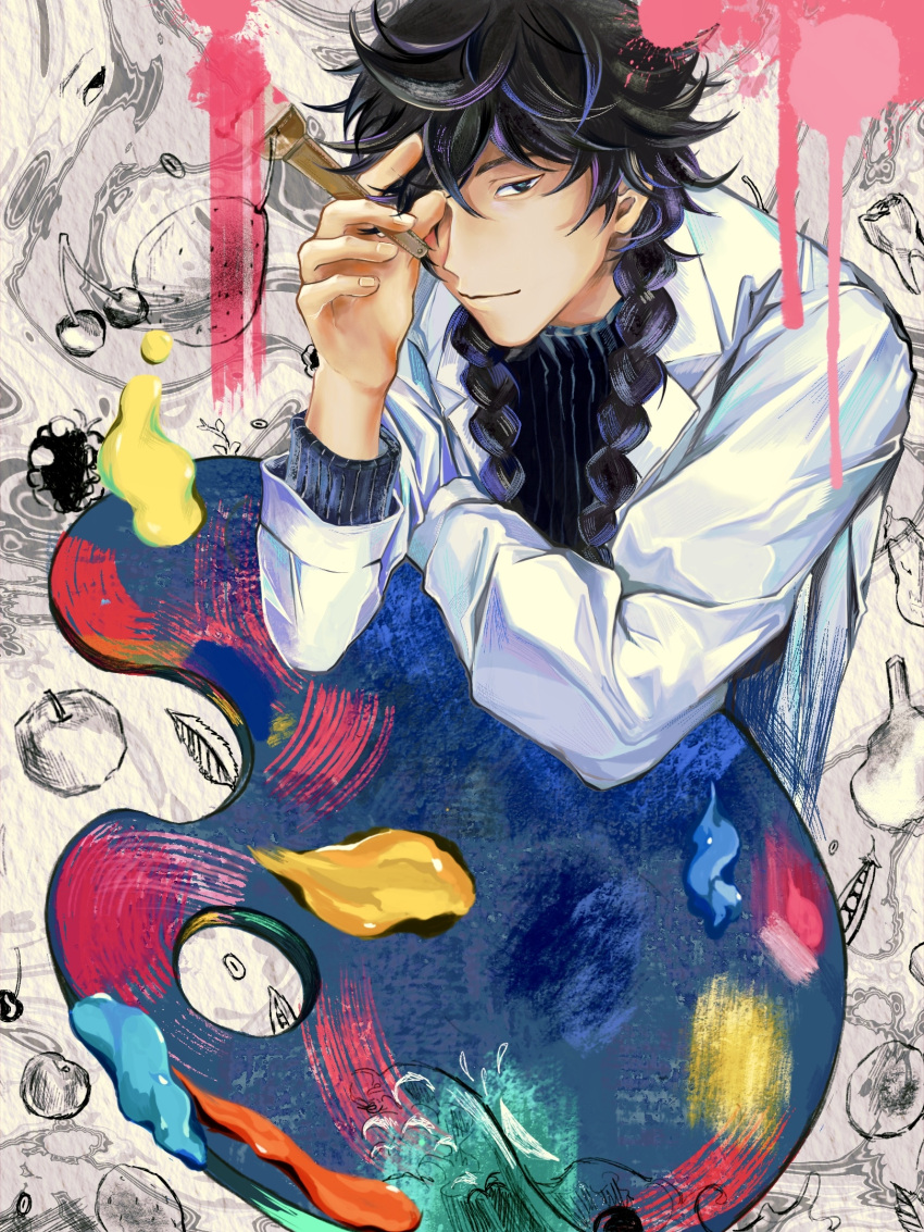 1boy, apple, black_hair, blue_period, braid, cherry, donaan, food, fruit, hashida_haruka, highres, holding, holding_paintbrush, long_hair, long_sleeves, male_focus, paint, paintbrush, palette_(object), pear, photo-referenced, ribbed_shirt, shirt, solo, twin_braids