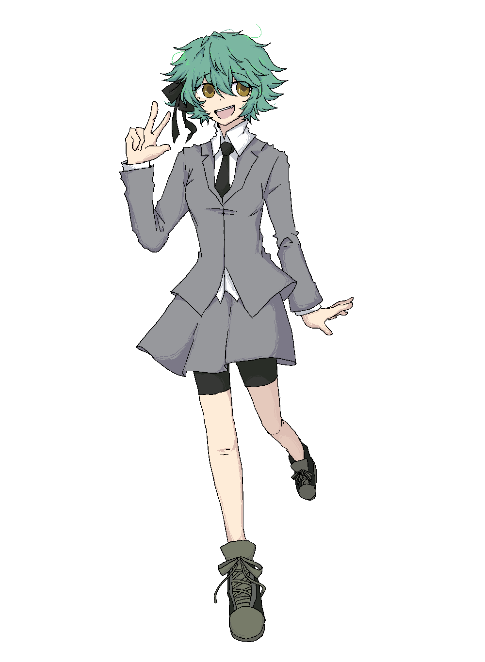 1girl, bike_shorts, bike_shorts_under_skirt, black_ribbon, black_shorts, blazer, brown_eyes, concept_art