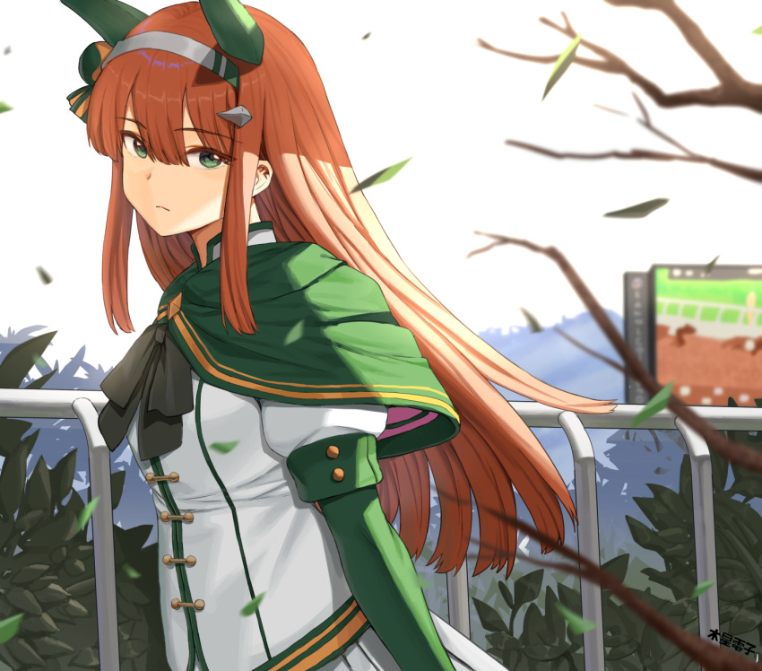1girl, animal_ears, blurry, blurry_background, branch, capelet, commentary_request, green_eyes