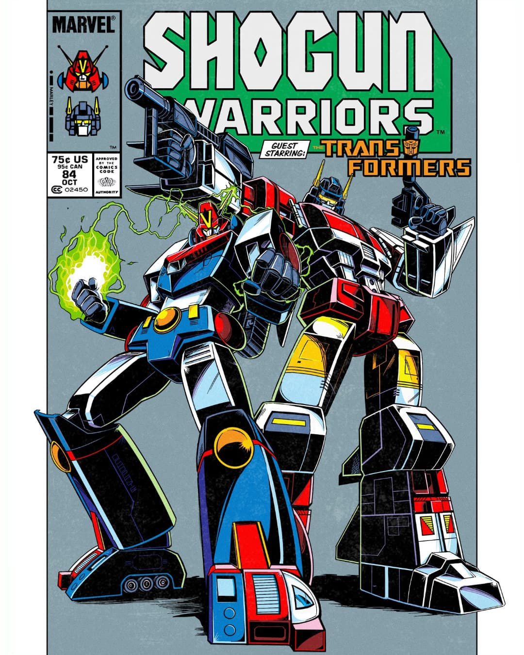1980s_(style), autobot, choudenji_robo_combattler_v, clenched_hands, combattler_v_(robot), comic_cover, copyright_name, cover, crossover, dual_wielding, electricity, english_commentary, fake_cover, gun, highres, holding, holding_gun, holding_weapon, marvel, mecha, ochopante, outside_border, pillarboxed, retro_artstyle, super_robot, superion, transformers, visor, weapon