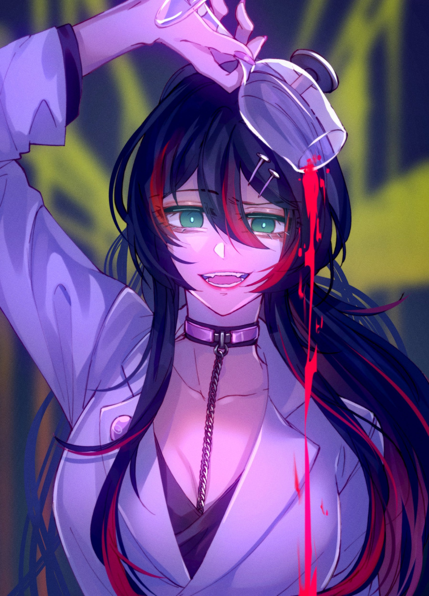 1girl, absurdres, bangs, black_collar, black_hair, breasts, call_boy_(vocaloid), collar
