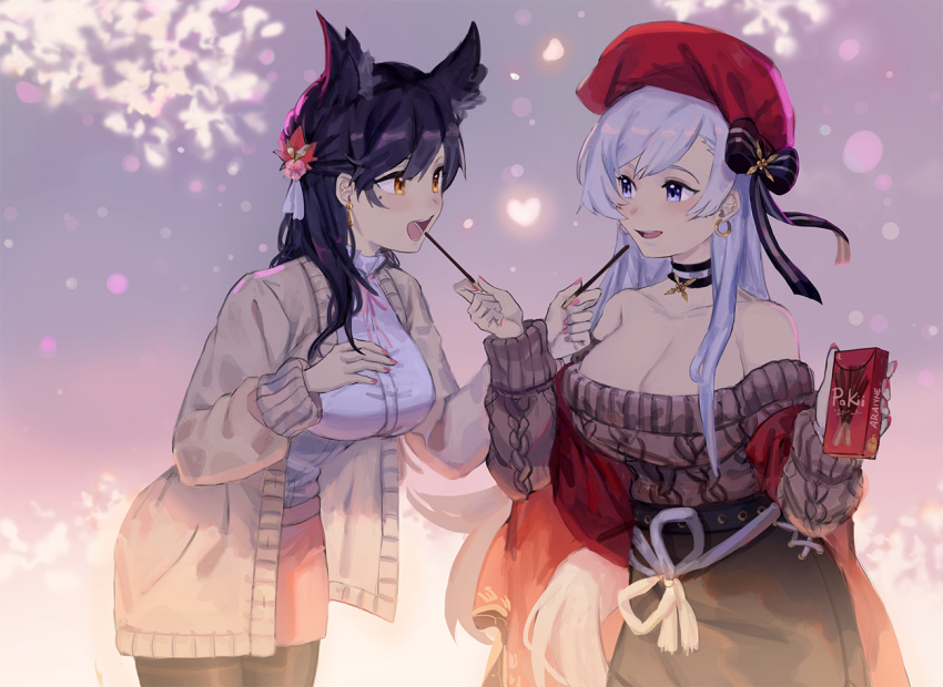 2girls, animal_ears, araiyme, atago_(azur_lane), azur_lane, bare_shoulders, belfast_(azur_lane), belfast_(shopping_with_the_head_maid)_(azur_lane), choker, cowboy_shot, dog_ears, extra_ears, food, hair_ornament, hat, long_hair, multiple_girls, official_alternate_costume, open_mouth, pantyhose, pocky, pocky_day, product_placement, sharing_food, skirt, sweater