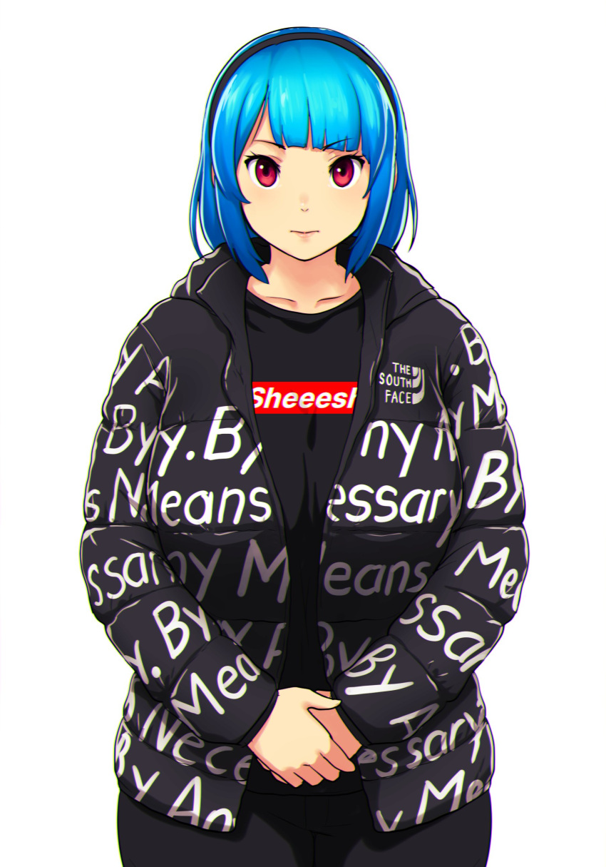 1girl, absurdres, bangs, black_hairband, blue_hair, blunt_bangs, breasts, drip_(meme)