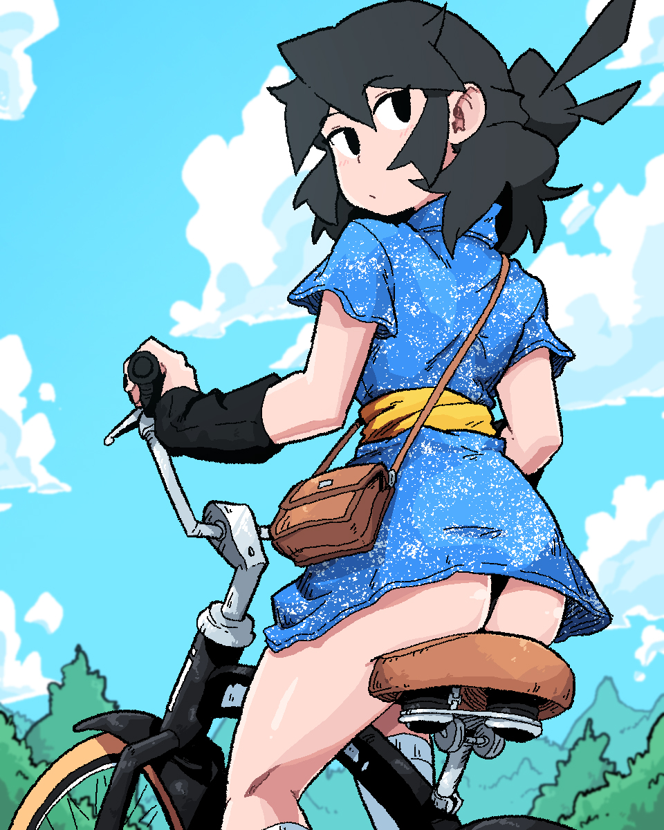 1girl, ass, bag, bicycle, black_eyes, black_hair, black_nails, black_panties