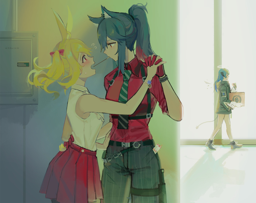 3girls, animal_ears, araiyme, arknights, bare_shoulders, black_hair, blonde_hair, commentary