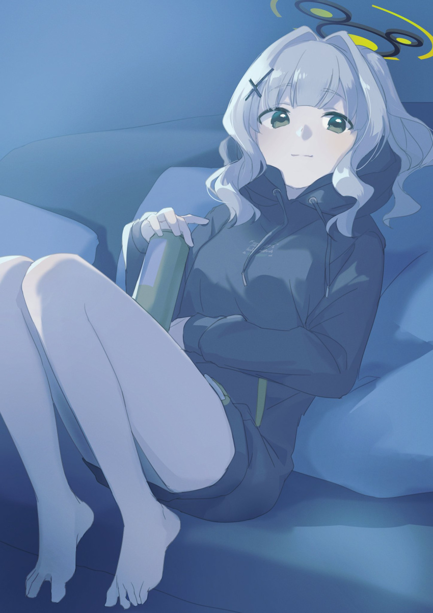 1girl, bangs, barefoot, black_hoodie, black_shorts, blue_archive, breasts, can