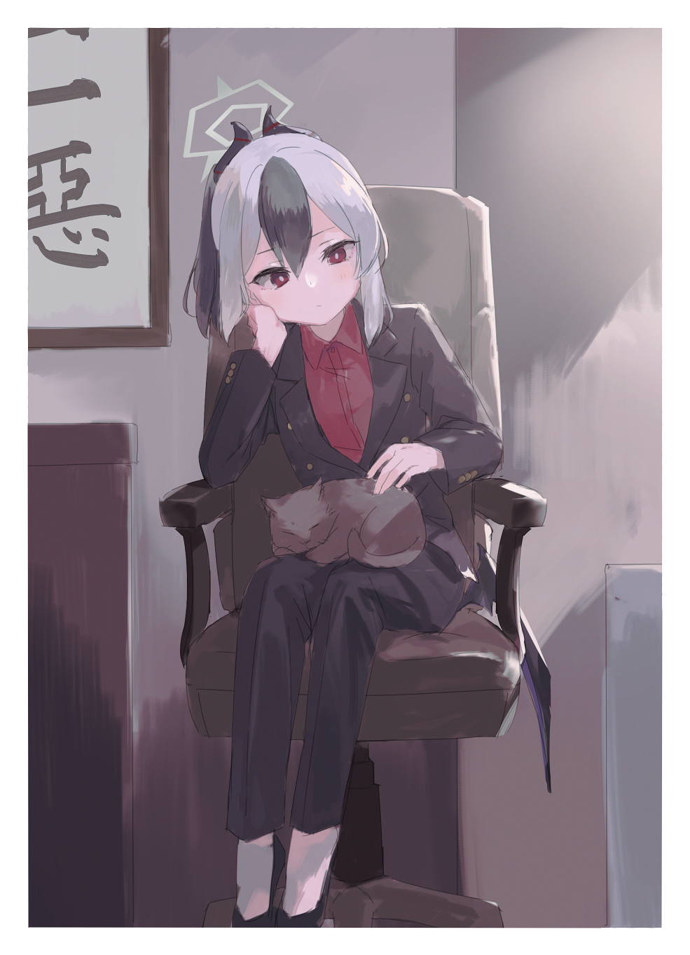 1girl, alternate_costume, animal_on_lap, bangs, black_hair, black_jacket, black_pants, blue_archive