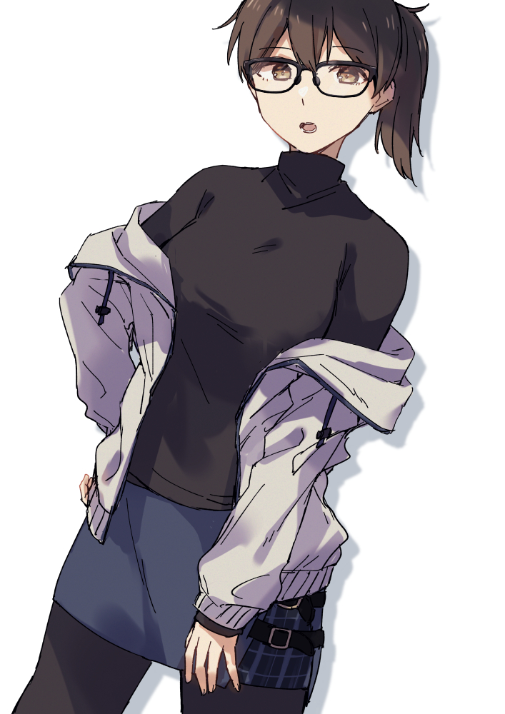 1girl, :o, alternate_costume, bangs, bespectacled, black_legwear, black_sweater, blue_skirt