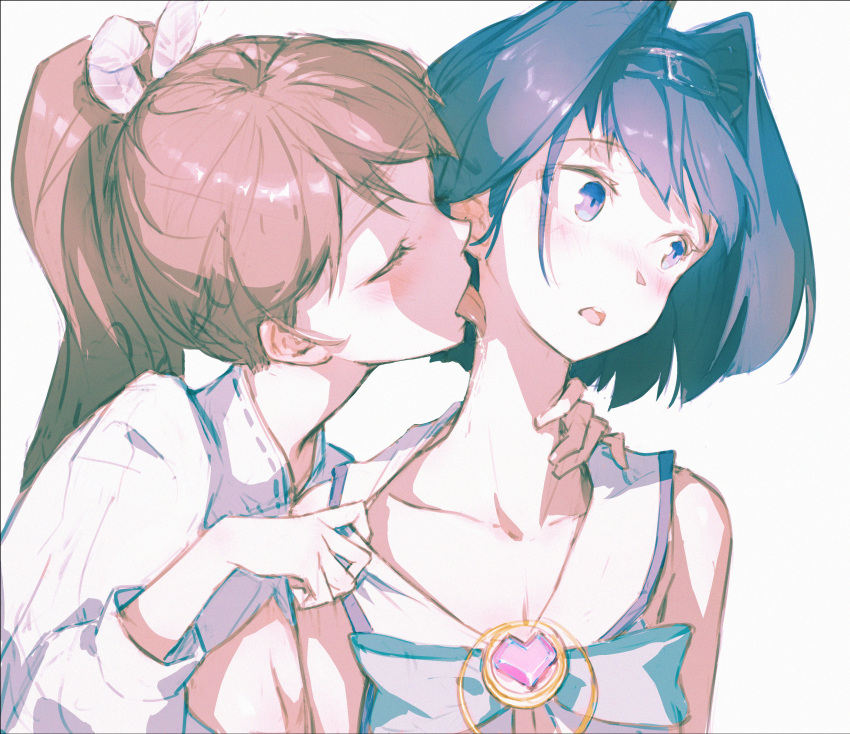 2girls, absurdres, blush, brown_hair, closed_eyes, collarbone, dino_(dinoartforame), highres