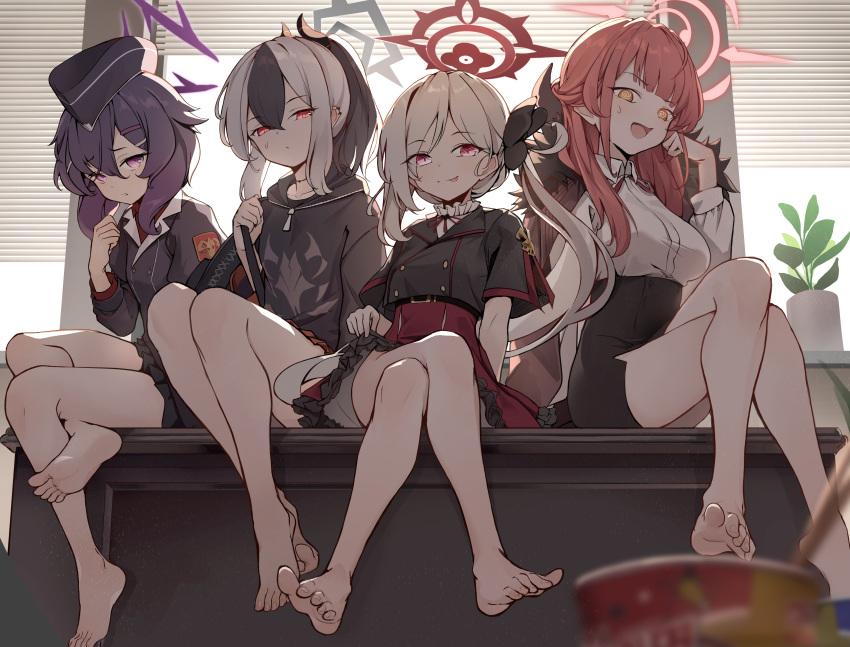 4girls, :p, absurdres, aru_(blue_archive), bare_legs, barefoot, black_hair, black_headwear, black_jacket, blue_archive, breasts, commentary_request, crossed_legs, dampi, eyebrows_visible_through_hair, eyes_visible_through_hair, halo, haruka_(blue_archive), hat, highres, jacket, kayoko_(blue_archive), large_breasts, long_hair, looking_at_viewer, military_hat, multicolored_hair, multiple_girls, mutsuki_(blue_archive), open_mouth, ponytail, purple_hair, red_eyes, red_skirt, redhead, shirt, short_hair, side_ponytail, sitting, skirt, smile, soles, sweatdrop, toes, tongue, tongue_out, two-tone_hair, violet_eyes, white_hair, white_shirt, yellow_eyes
