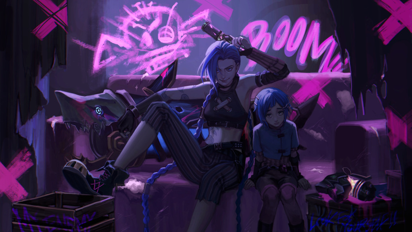 2girls, arcane:_league_of_legends, arm_tattoo, arm_up, bangs, belt, blue_hair, boots
