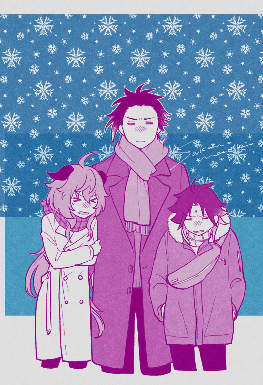 >_<, 1girl, 2boys, ahoge, alternate_costume, bag, bangs, closed_eyes, closed_mouth, coat, cold, cropped_legs, crossed_arms, earrings, eyebrows_visible_through_hair, facial_mark, forehead_mark, fur-trimmed_jacket, fur_trim, ganyu_(genshin_impact), genshin_impact, highres, horns, jacket, jewelry, long_hair, monochrome, multiple_boys, parted_lips, sakanomachico, scarf, signature, single_earring, snowflakes, tassel, tassel_earrings, xiao_(genshin_impact), zhongli_(genshin_impact)