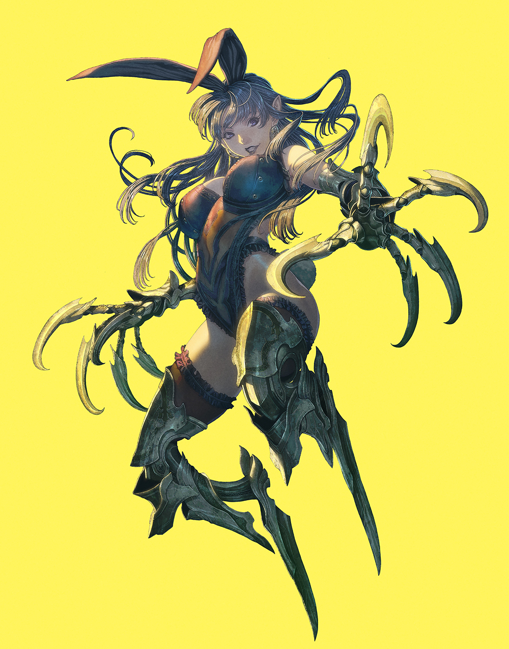 1girl, bare_shoulders, black_hair, breasts, claws, dark_side_of_the_moon, elf, full_body