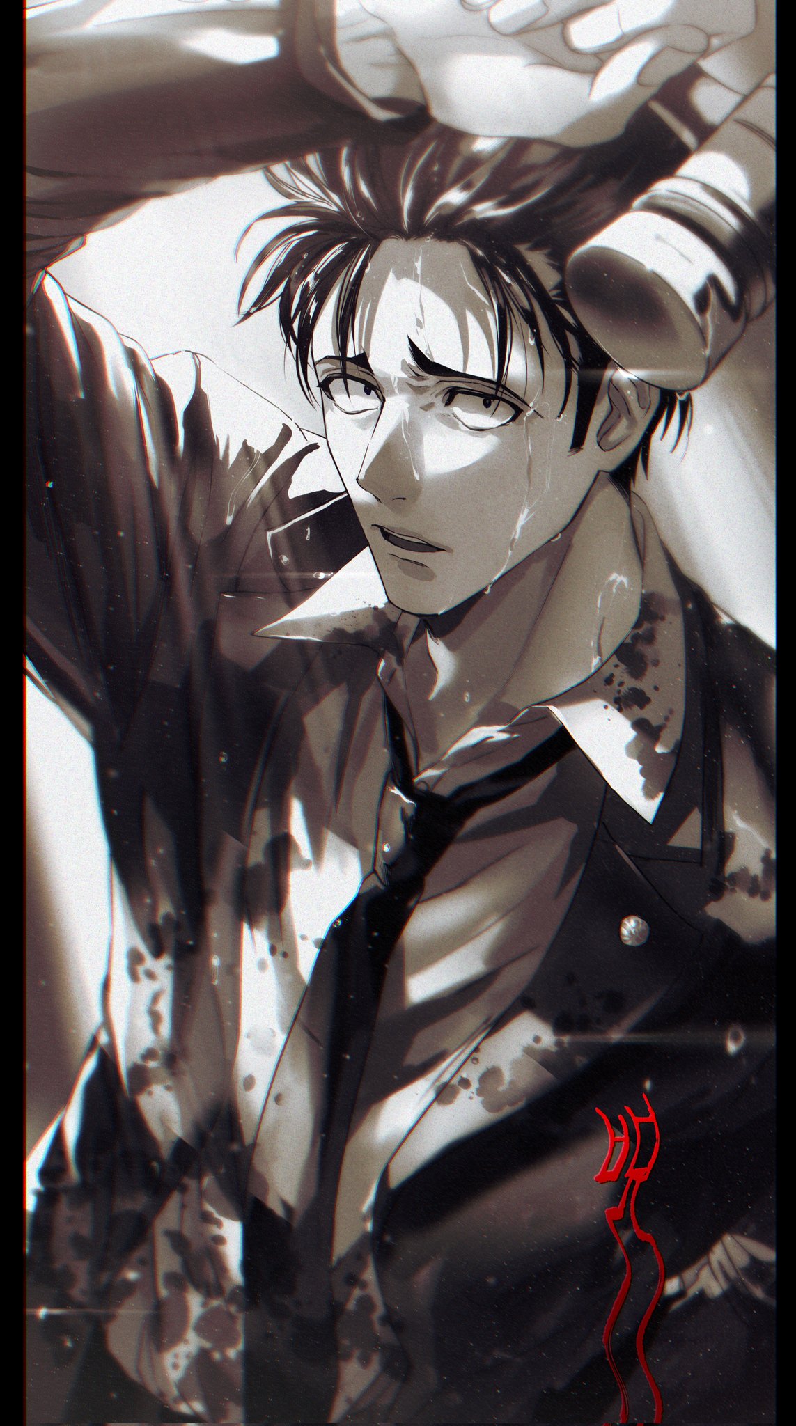 1boy, arm_up, bangs, blood, blood_on_clothes, collared_shirt, dress_shirt, formal, greyscale, hammer, highres, higuruma_hiromi, holding, holding_hammer, jacket, jujutsu_kaisen, koujisako, long_sleeves, looking_at_viewer, male_focus, monochrome, necktie, open_mouth, pillarboxed, sanpaku, shirt, short_hair, solo, suit, upper_body, wet_face