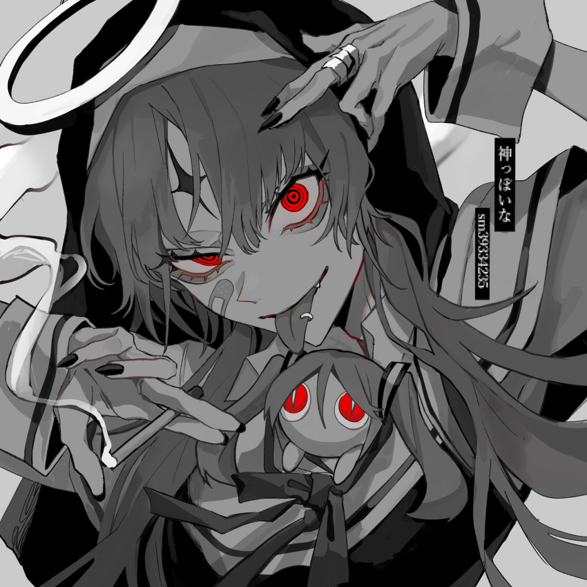 2girls, bandaid, bandaid_on_face, bangs, cigarette, copyright_request, doushite-chan, eyelashes