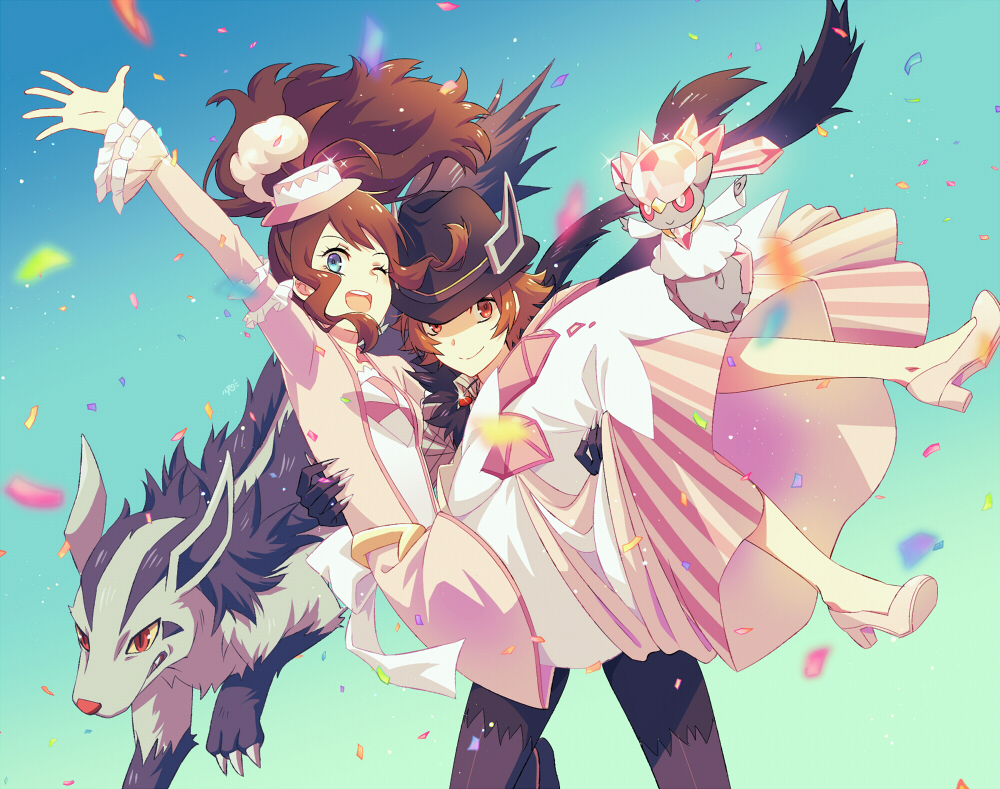 1boy, 1girl, arm_up, blue_eyes, blurry, brown_eyes, brown_hair, carrying