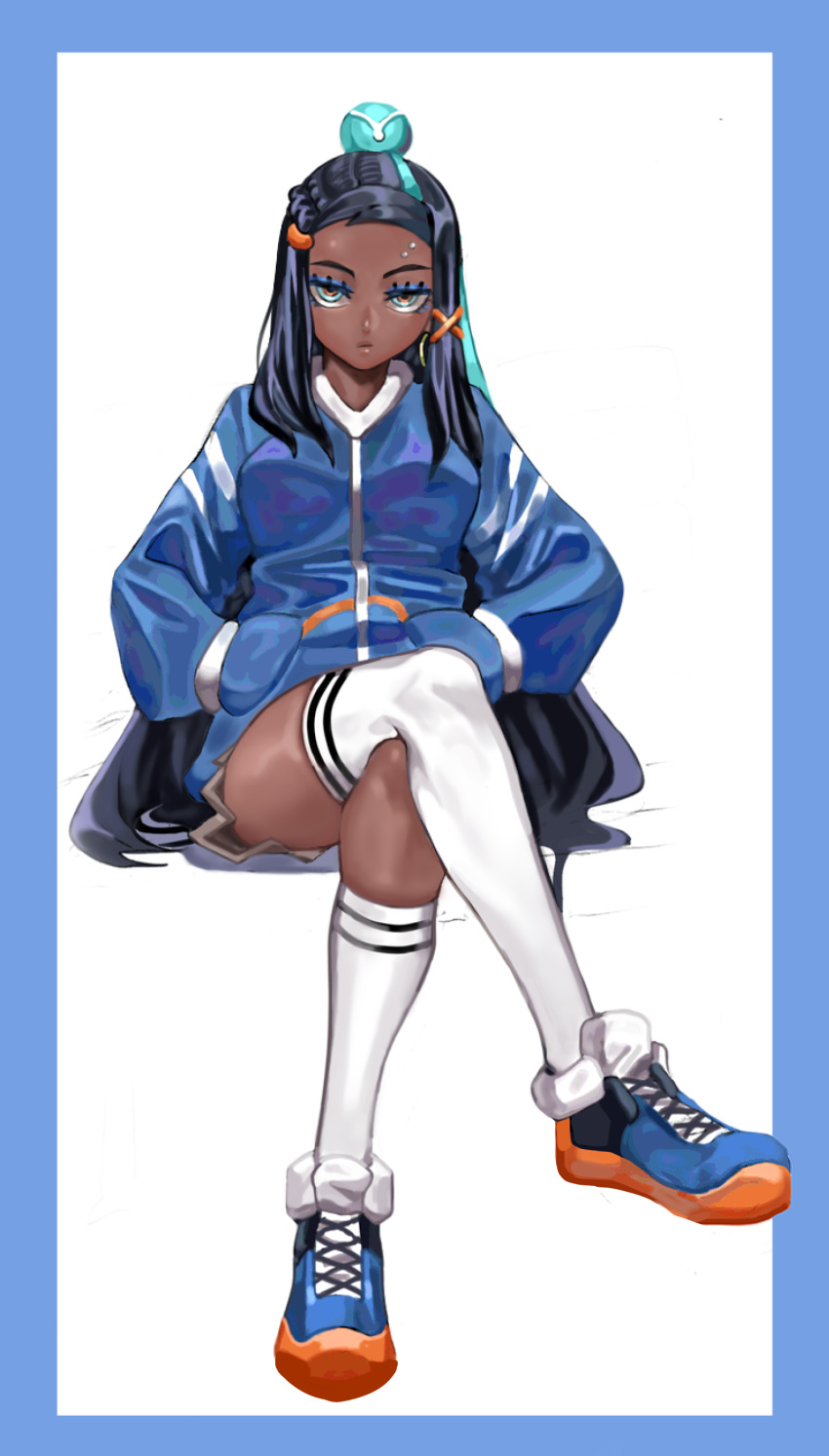 1girl, absurdres, alternate_costume, asymmetrical_legwear, black_hair, blue_border, blue_eyes, blue_eyeshadow, blue_hair, blue_jacket, border, breasts, closed_mouth, commentary_request, crossed_legs, dark-skinned_female, dark_skin, eyelashes, eyeshadow, full_body, hair_bun, hair_ornament, hands_in_pockets, highres, jacket, korean_commentary, long_hair, makeup, multicolored_hair, nessa_(pokemon), pokemon, pokemon_(game), pokemon_swsh, shoes, single_thighhigh, sitting, solo, thigh-highs, two-tone_hair, vulcan_(ejel2000), white_background, white_legwear, x_hair_ornament