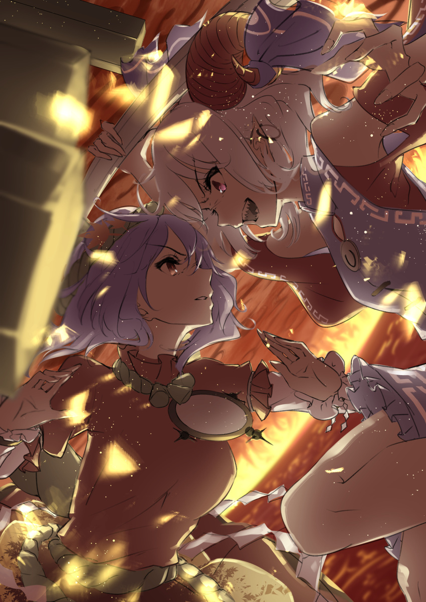 2girls, absurdres, autumn_leaves, bare_shoulders, battle, blue_dress, blue_hair, curly_hair